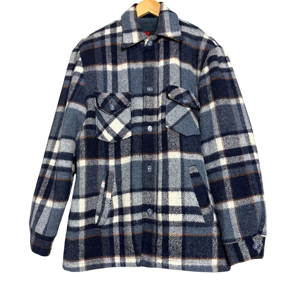 Vintage 70s Sears Shacket Men Large Plaid Flannel Lined Sherpa Faux Fur - Picture 1 of 8